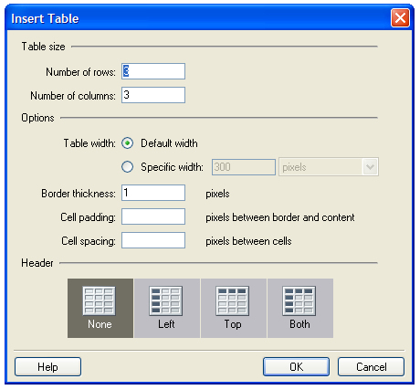 insert table menu